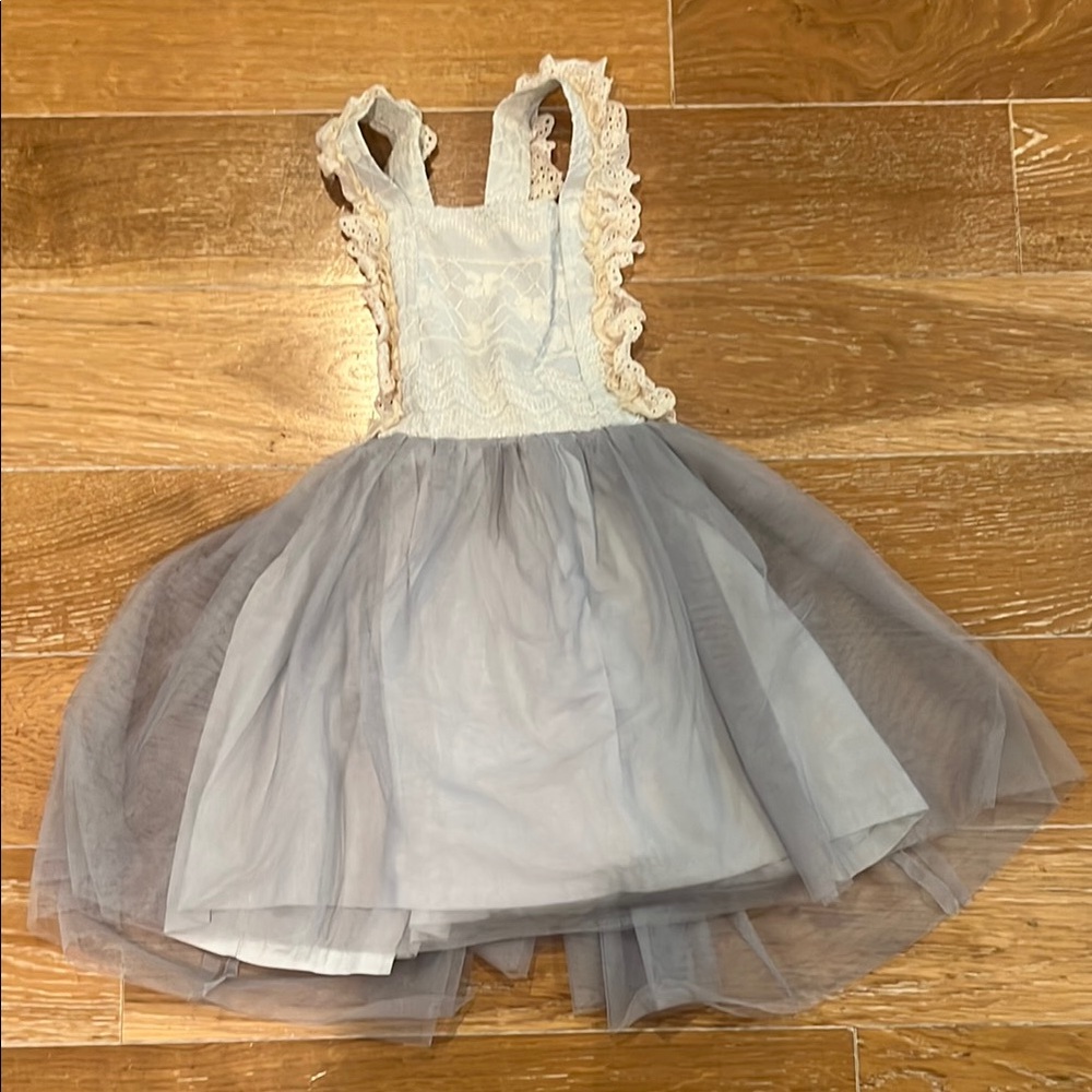 Elegant Lace and Tulle Dress - Cream & Dusty Blue
